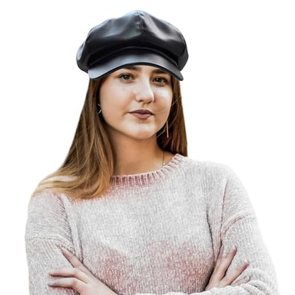 Women Newsboy Hats 8 Panel Vintage PU Leather Visor Beret Baker boy Cap Cabbie Hat for Women/Men