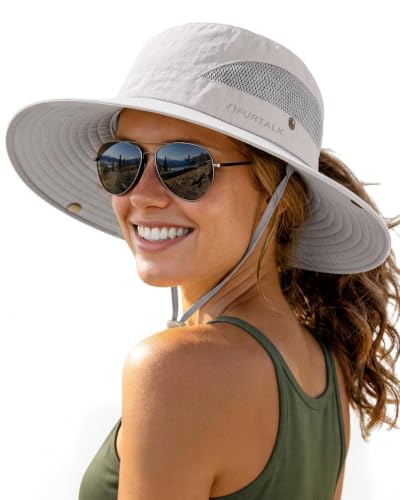 FURTALK Womens Sun Hat with Ponytail Hole Beach Hiking Summer Wide Brim UPF 50+ Outdoor Protection Foldable Bucket Hat - color: Light Grey