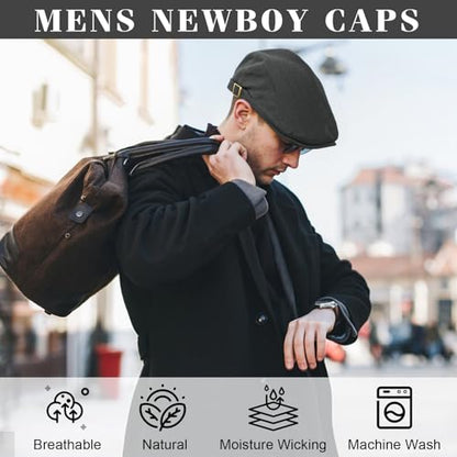 Senker Fashion 2 Pack Newsboy Cap for Men, Wool Blend Tweed Flat Cap - color: Black Light Brown