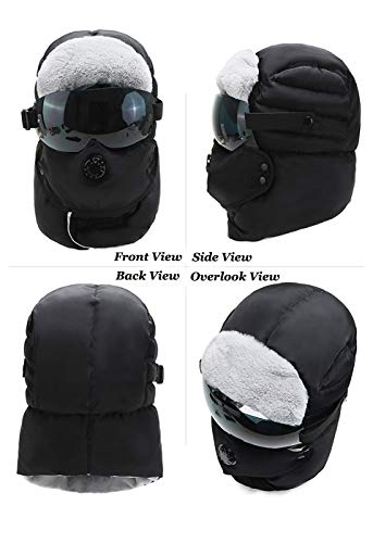 Winter 3 in 1 Thermal Fur Lined Trapper Hat with Ear Flap Full Face Warmer Cover Windproof Cycling Motorcycle Headwear - color: Black Fur Cap+black Windproof Glasses