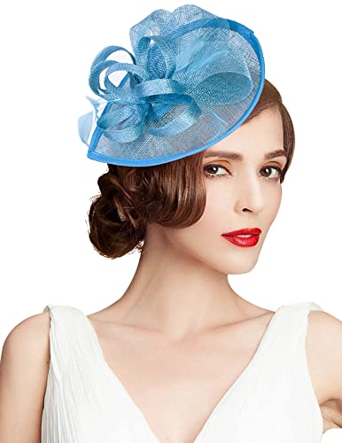 Z&X Sinamay Fascinator Hat Floral Feather Pillbox Derby Hats for Women Wedding Tea Party with Headband Clip - color: 016 Blue