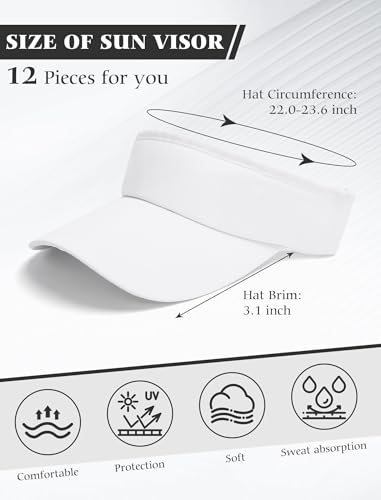 12 Pack Sun Visor Hats Softball Adjustable Cap Sun Protection for Women Men - color: White