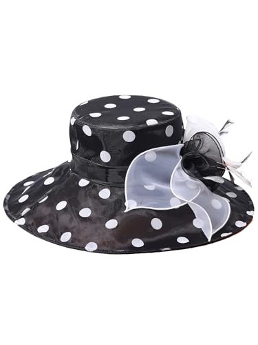 Organza Kentucky Dots Fascinator Hat for Women Ladies Wide Brim Big Sun Hats Wedding Church Hat Derby Cap - color: Black and White