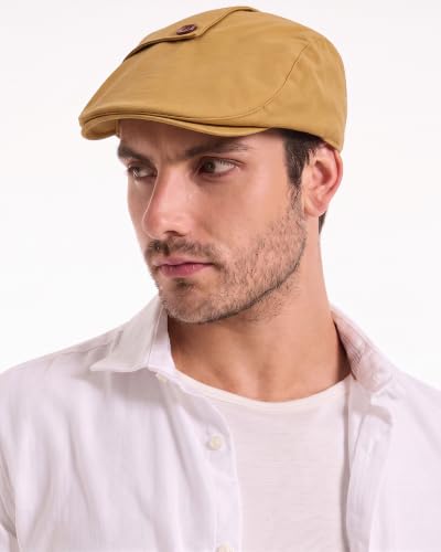 ZLYC Men Cotton Flat Cap Summer Scally Newsboy Beret Driver Hat - color: Button Decor Yellow