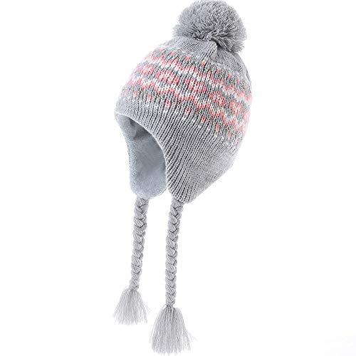 Moon Kitty Girls Knit Hats Winter Fleece Lining Skiing Winter Caps with Warm Ear Flap - color: Gray+pink, size: 6-10 Years