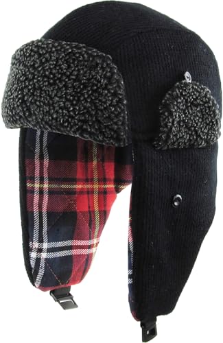 Wool Blend Aviator Trapper hat Trooper Ear Flaps Ushanka Eskimo Russian Warm Winter Cold… - color: Black Plaid Lining