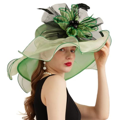 Women Derby Church Hat Organza Flower Wedding Tea Party Fascinator Wide Brim Sun Hat - color: 10-light Green