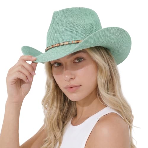 C.C Knitted Cowboy Hat for Women Lightweight Woven Western Hat with Multicolor Trim Band, Wide Brim Summer Sun Hat - color: Mint