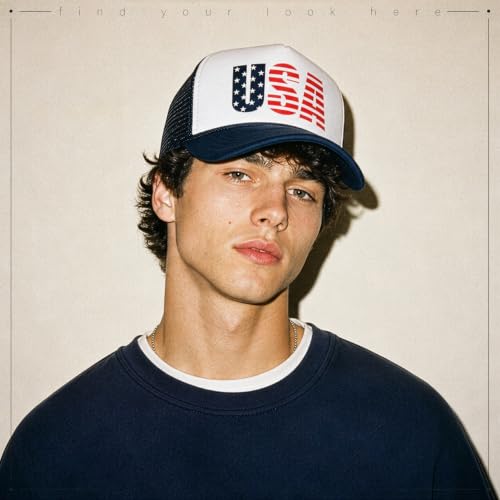 American Flag Patriotic USA Classic 5 Panel Mesh Snap Back Trucker Hat - color: Navy - Usa