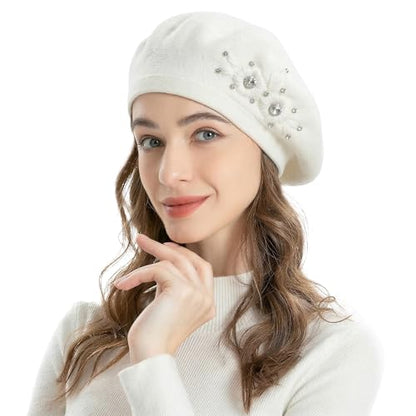 ZLYC Women French Beret Hat Reversible Solid Color Mosaic Warm Artist Cap - color: Embroidered Flowers White