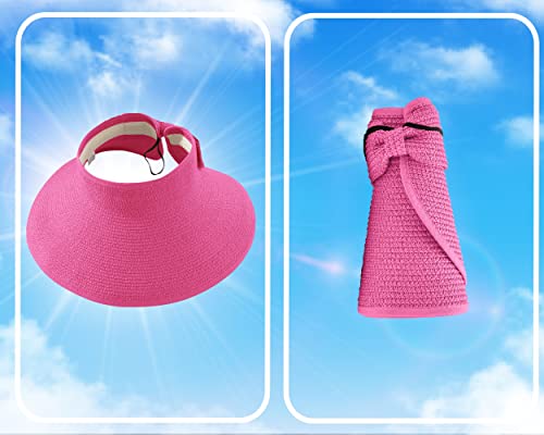 Straw Sun Visor for Women, Wide Brim UPF 50+ Protection Beach Hat, Adjustable, Roll Up Foldable Ponytail Cap with Chin Strap - color: Hot Pink