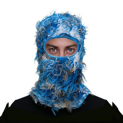 Distressed Ski Mask Balaclava, Yeat Shiesty Knitted Full-Face Mask - color: Camoblue