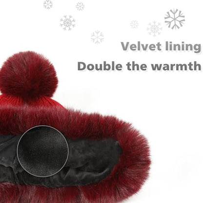 Winter Hats Cute Kint Hat Russian Fur Crochet Hat Slouchy Beanies with Pompom Warm Fuzzy Snow Cap Trapper Hat for Women - color: Wine