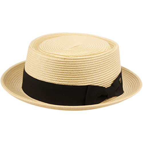 Men's Fancy Summer Straw Pork Pie Derby Fedora Upturn Brim Hat - color: F2811natural, size: Small-Medium