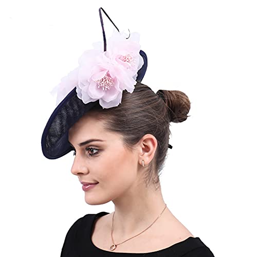ORIDOOR Women Fascinators Derby Church Tea Party Wedding Flower Feathers Headpiece with Headband Clips - color: Navy