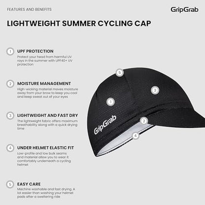 GripGrab Summer Cycling Cap - UV Protection Under-Helmet Bicycle Visor Hat - color: Black, size: Small-Medium