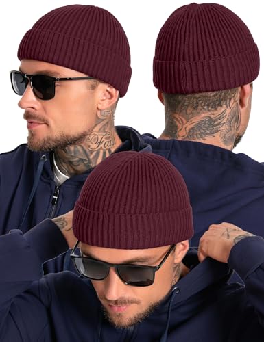 Fleece Lined Wool Short Fisherman Beanie Men Women Cuff Winter Hat - color: 1pc-winered