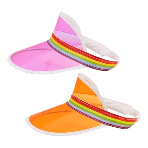 Giovacker Womens Mens PVC Clear Colorful Sun Visor Hats - color: Rainbow Print - Pink + Orange