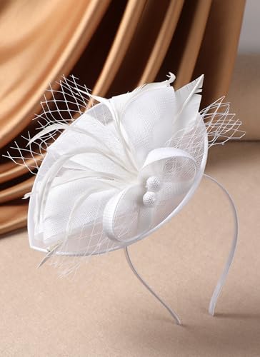 Zinniday Fascinator Tea Party Hat - 2026 Derby Pillbox Kentucky Hat for Women (7.87x5.9inch) - color: White