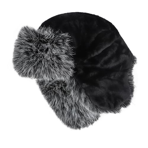 PURFUN Fuzzy Faux Fur Ushanka Russian Hat for Men Women, Winter Plush Full Hood Earflap Cap Cycling Ski Hunting Trapper Hat - color: Black