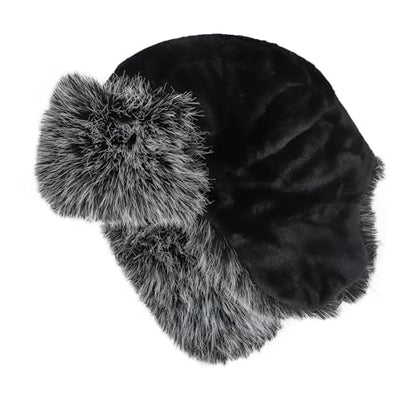 PURFUN Fuzzy Faux Fur Ushanka Russian Hat for Men Women, Winter Plush Full Hood Earflap Cap Cycling Ski Hunting Trapper Hat - color: Black