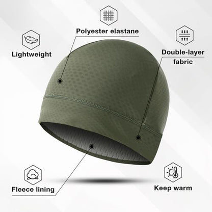 2 Pack Thermal Skull Caps for Men Women Wind-Resistant Fleece Beanie Hats Cold Weather Helmet Liners for Cycling - color: Black+green