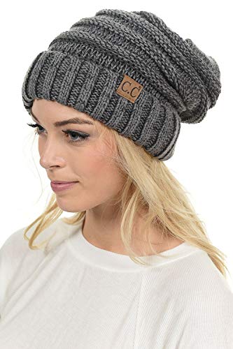 C.C Hat-100 Oversized Baggy Slouch Thick Warm Cap Hat Skully Cable Knit Beanie - color: Dk Grey/Lt Grey Mix