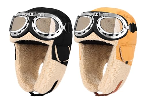 JaGely 4 Pcs Pilot Hat and Goggles Flight Costume Accessories Pilot Helmet Cap with Ear Flaps Hat Adults Winter(Wheat,Black) - color: Wheat,black, style: Classic