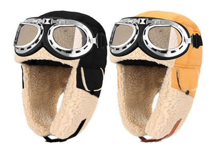 JaGely 4 Pcs Pilot Hat and Goggles Flight Costume Accessories Pilot Helmet Cap with Ear Flaps Hat Adults Winter - color: Black and Khaki, style: Trendy