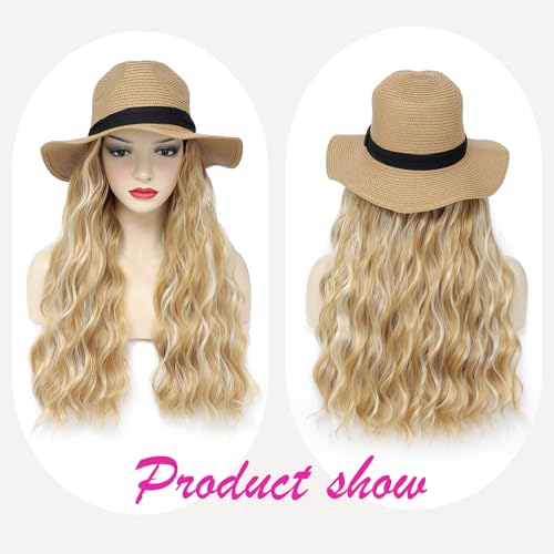 Hat Wig Panama Hat with Mix Blonde Long Wave Hair Attached for Women Khaki Color Wide Brim Straw Beach Sun Hat Wig - color: K-Mblonde