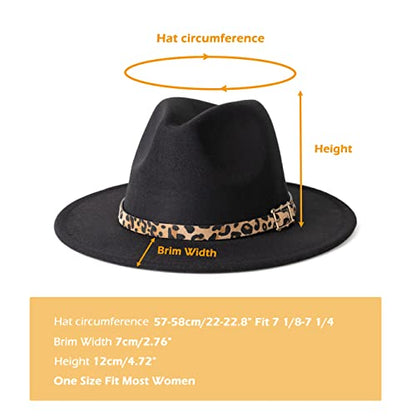 Women Two Tone Wide Brim Fedora Felt Panama Hat - color: Square Buckle-black Leopard