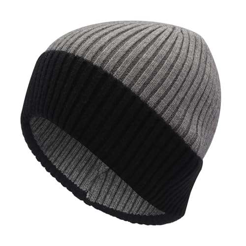 ZLYC Men Winter Knit Fisherman Beanie Hat Fashion Warm Daily Skull Cap - color: Cuffed Black and Gray