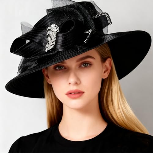 Wedding Bridal Church Party Derby Hats for Women Bow Formal Bowler Hat Wide Brim Fascinator Flat Top Fedora Hats - color: Black