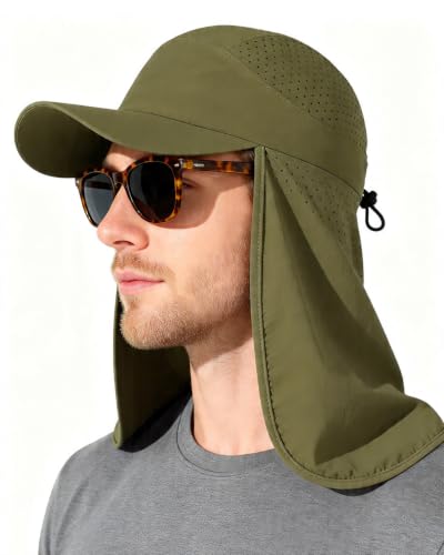 UPF 50+ Baseball Cap with Neck Flap, Breathable Fishing Hat for Men Adjustable Sun Hat for Golf Hiking - color: Olive Green