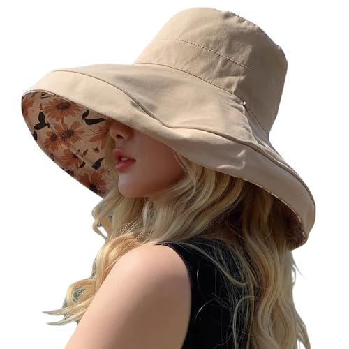 Women Bohemian Reversible Sun Hat Wide Brim Fishing Hats - color: Khaki Boho Print