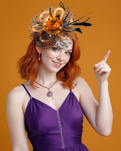 Women Fascinator Hats LED Light Up Headband for Tea Party Halloween Night Headwear Christmas Mardi Gras - color: Black Orange
