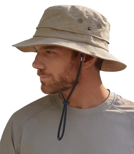 Hat Hut Mens Waterproof Bucket Rain Hat, UPF50+ Sun Hat, Wide Brim, Packable, All-Weather Outdoor Hiking Fishing Hats - color: Khaki