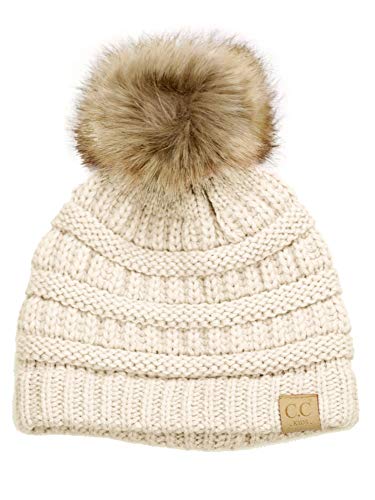 C.C Children's Kids' Soft Stretch Cable Knit Faux Fur Pom Beanie Hat - color: Ivory