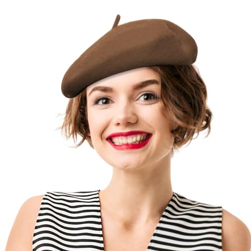 French Beret Hats for Women - Soft Warm Wool Solid Color Beanie Winter Cap - color: Dark Coffee