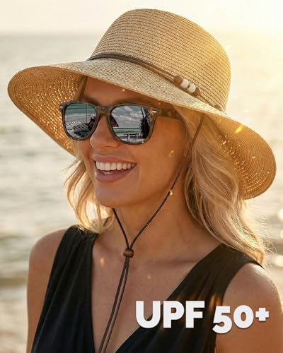 Womens Straw Beach Sun Hat, UV Protection UPF 50+, Lightweight Straw Bucket Hat, Summer Travel - color: Mix Beige, size: Medium