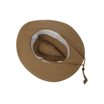 Unisex Straw Cowboy Hat Wide Brim Western Sun Hat Adjustable Beach Cowgirl Hat for Summer Outdoor Sun Protection - color: Khaki Color, Leather Hat Strap