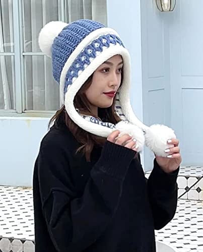 HUAMULAN Women Winter Peruvian Beanie Hat Ear Flaps Fleece Lining - color: Blue White