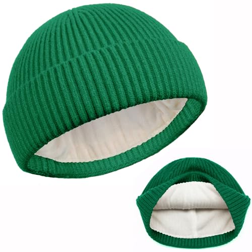 ROYBENS Swag Wool Knit Cuff Short Fisherman Beanie for Men Women Winter Hat - color: 1pcs-kelly Green-thick Double Layer