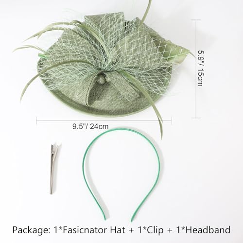 AQOKKA Women Fascinators Hats Flower Mesh Feathers Headband Clip - color: 1 Pc Feather Fascinators : Light Green