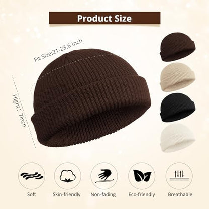 SATINIOR 4 Pieces Trawler Beanie Watch Hat Roll up Edge Skullcap Fisherman Beanie Unisex - color: Black, White, Brown, Beige, size: One Size