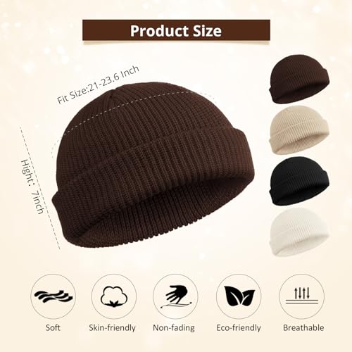 SATINIOR 4 Pieces Trawler Beanie Watch Hat Roll up Edge Skullcap Fisherman Beanie Unisex - color: Black, White, Brown, Beige, size: One Size