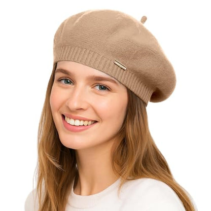 Yanmucy Beret Hat Women Girl, Fluffy Knitted French Beret Warm Classic Beanie Hats Cap for Ladies Men Winter Autumn - color: Khaki