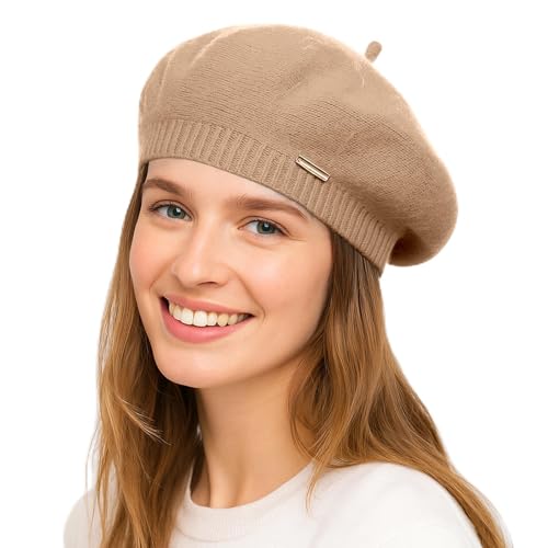 Yanmucy Beret Hat Women Girl, Fluffy Knitted French Beret Warm Classic Beanie Hats Cap for Ladies Men Winter Autumn - color: Khaki
