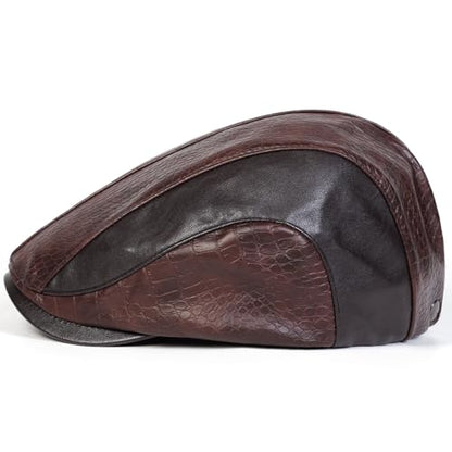 Newsboy Cap for Men, Flat Cap, PU Leather Hat - color: Spliced| Dark Brown