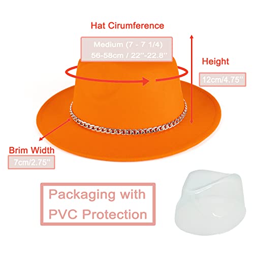Women Men Wide Brim Fedoran Hat with Chain Belt Buckle - color: Orange
